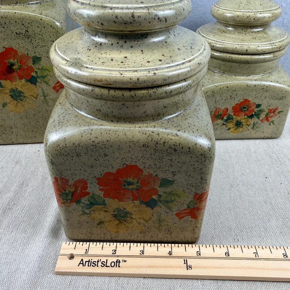 Vintage Clara's Ceramics Floral‎ Canister Set 3 Speckled Stoneware Retro Kitchen